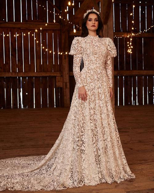 Lp2241 high neck boho wedding dress with long puff sleeves and a line silhouette1